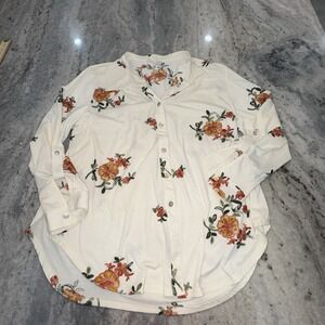 Hope Springs Floral Embroidered Button Up Top Women's XL Cream Roll Sleeves Boho